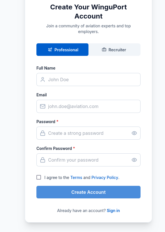 Professional Signup Screenshot