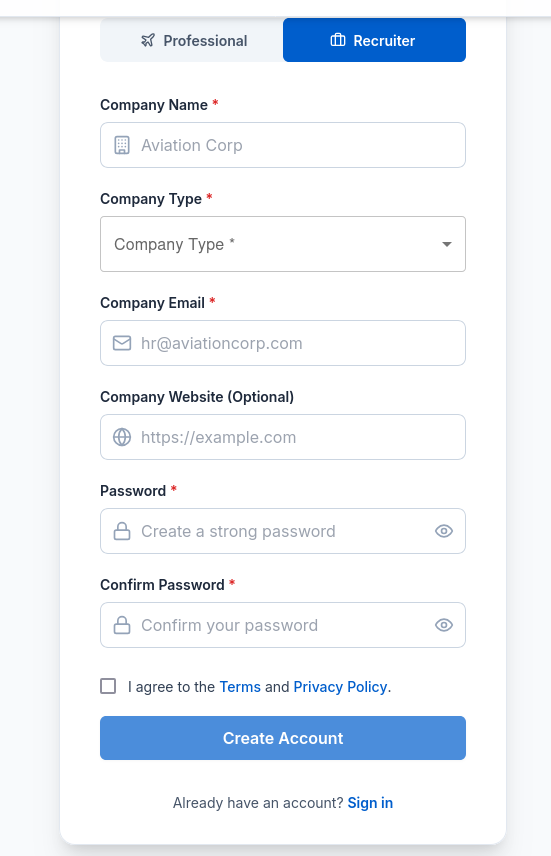 Recruiter Signup Screenshot